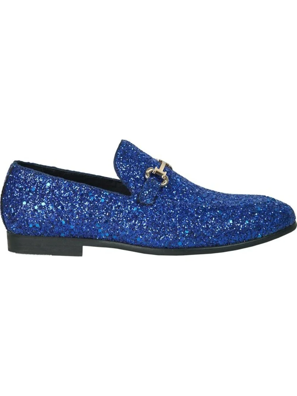 Men's Blue Glitter Loafers Metal Buckle Cap Toe Metallic Slip On Prom Shoes